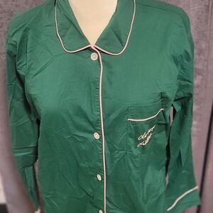 J. Crew Green Pajama Top with Pink Trim